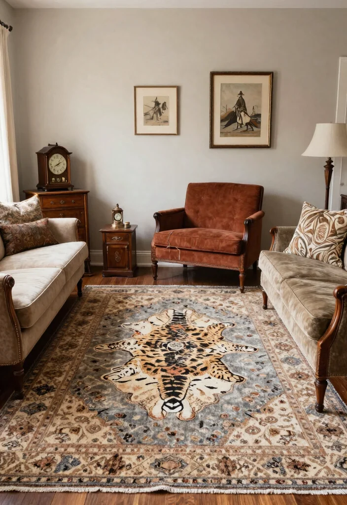 14 Animal Print Rug Living Room Ideas That Don't Overwhelm the Space - 10. Combining Animal Prints with Vintage Decor 1
