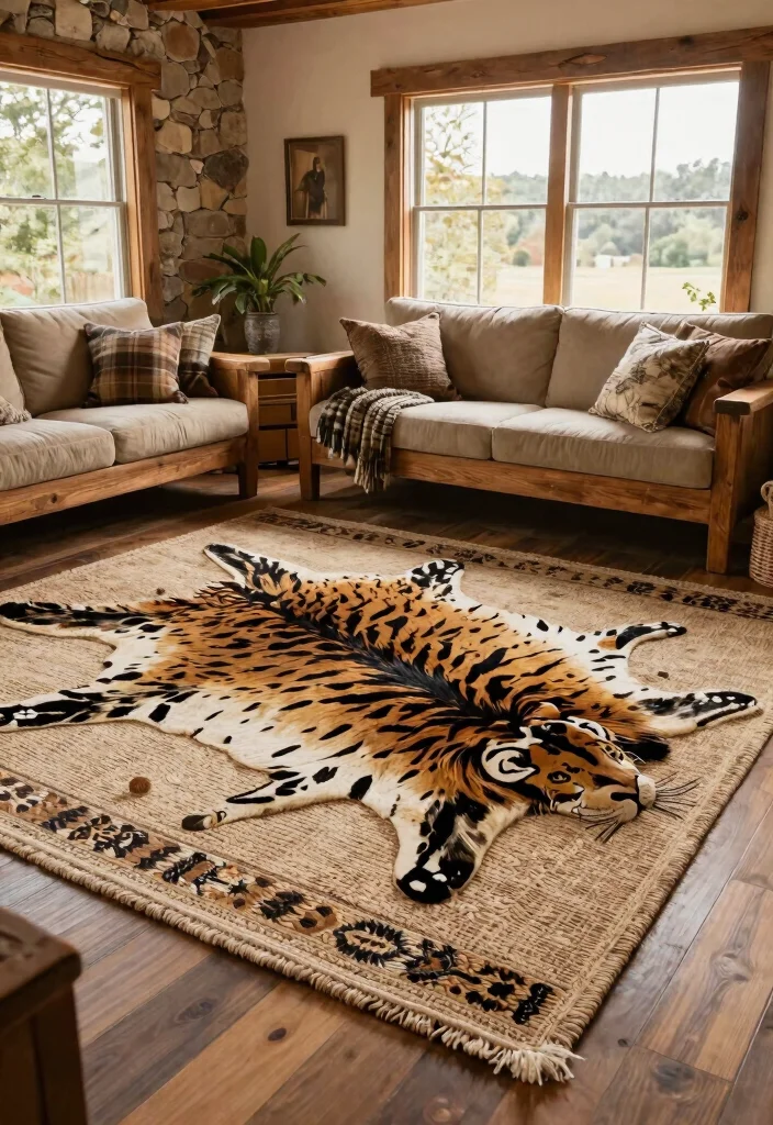 14 Animal Print Rug Living Room Ideas That Don't Overwhelm the Space - 13. Rustic Animal Print Layering 1