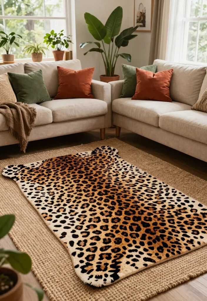 14 Animal Print Rug Living Room Ideas That Don't Overwhelm the Space - 2. Stylish Leopard Prints with Earthy Tones 1
