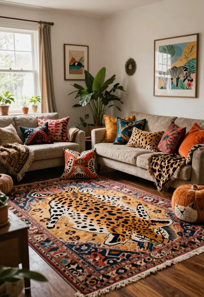 14 Animal Print Rug Living Room Ideas That Don't Overwhelm the Space - 4. Mixing Prints for a Bohemian Touch 1