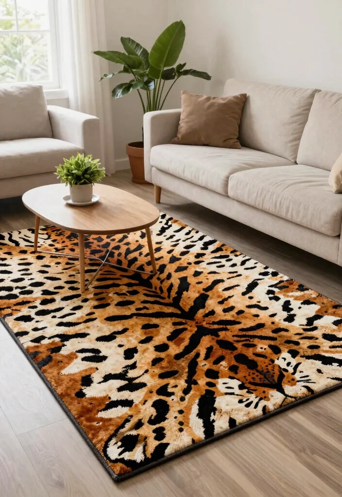 14 Animal Print Rug Living Room Ideas That Don't Overwhelm the Space - 6. Bold Animal Prints as Statement Pieces 1