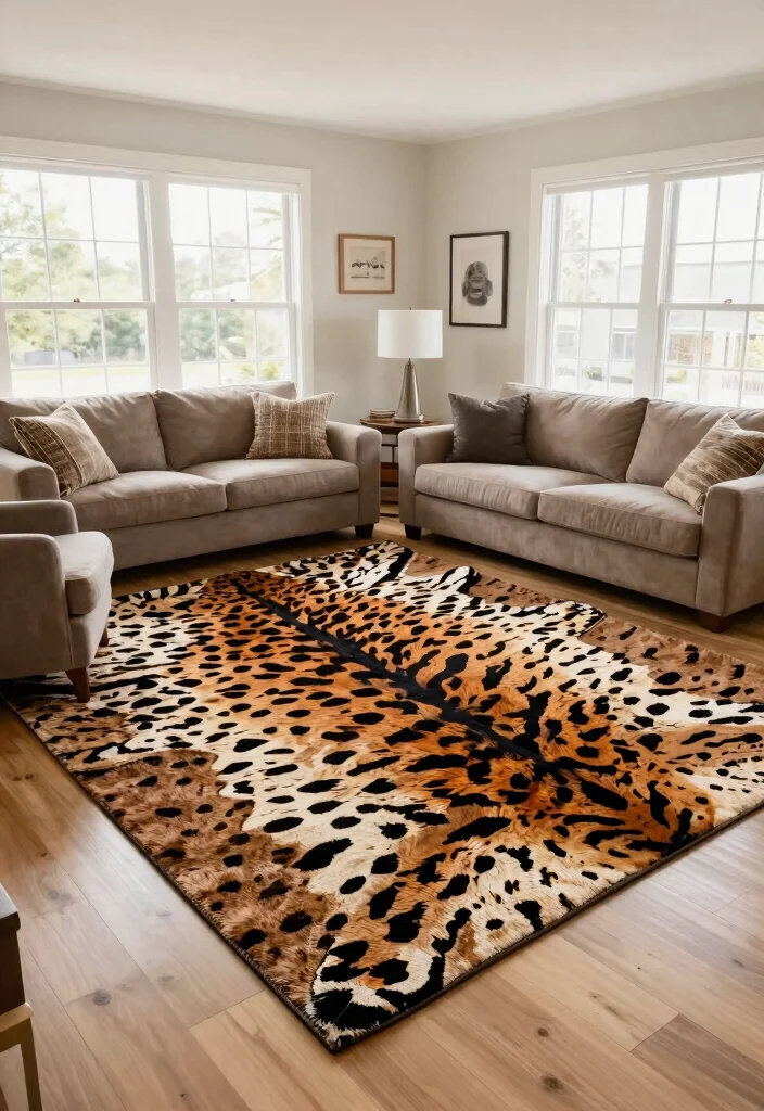 14 Animal Print Rug Living Room Ideas That Don't Overwhelm the Space - 8. Oversized Rugs for Expanded Spaces 1