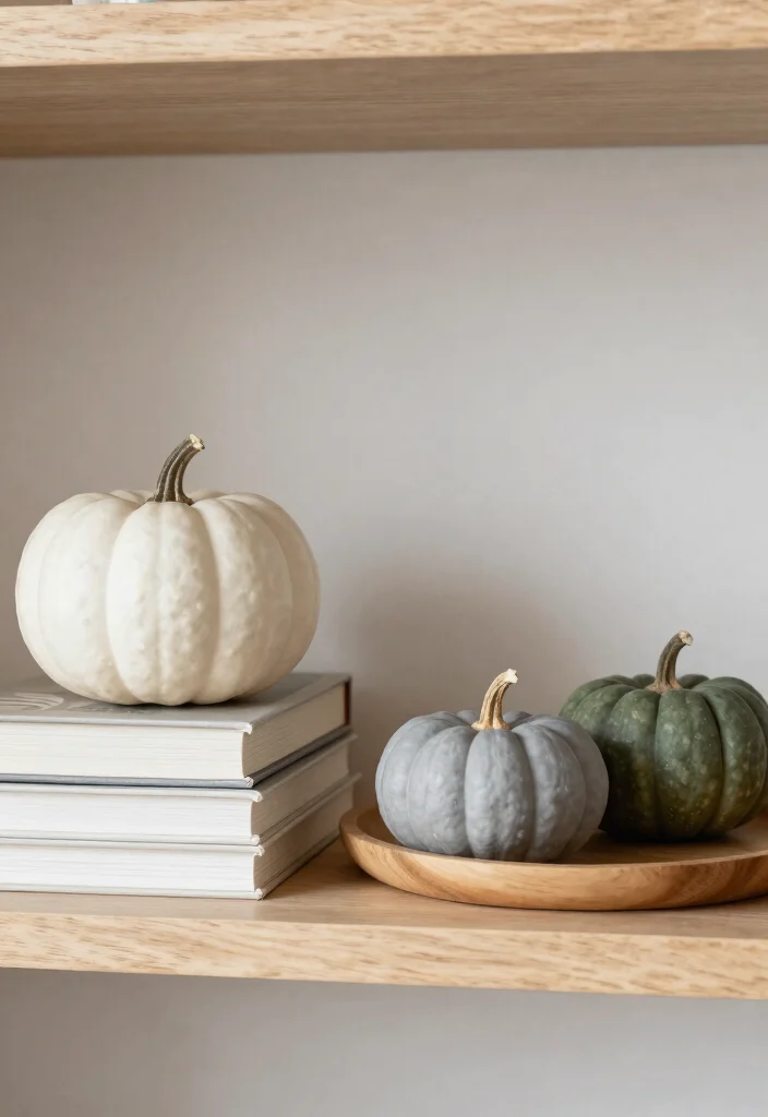 14 Fall Shelf Decor Ideas That Don't Look Cluttered or Seasonal - 3. Minimalist Pumpkins 1