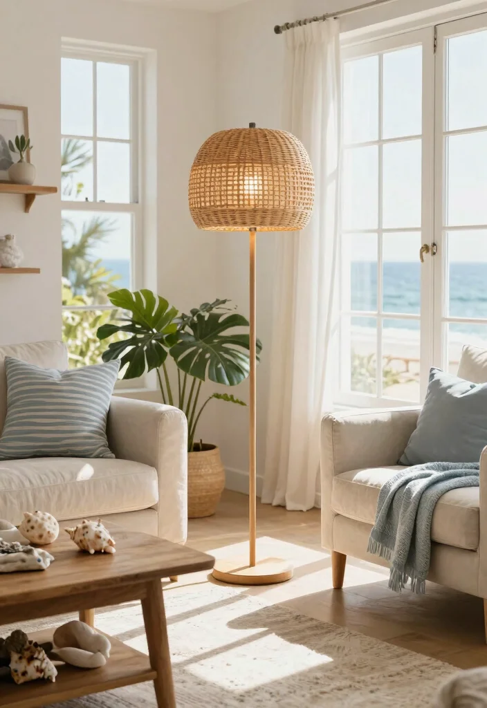 14 Rattan Floor Lamp Ideas That Add Texture Without Clutter - 1. Coastal Charm with a Rattan Floor Lamp 1