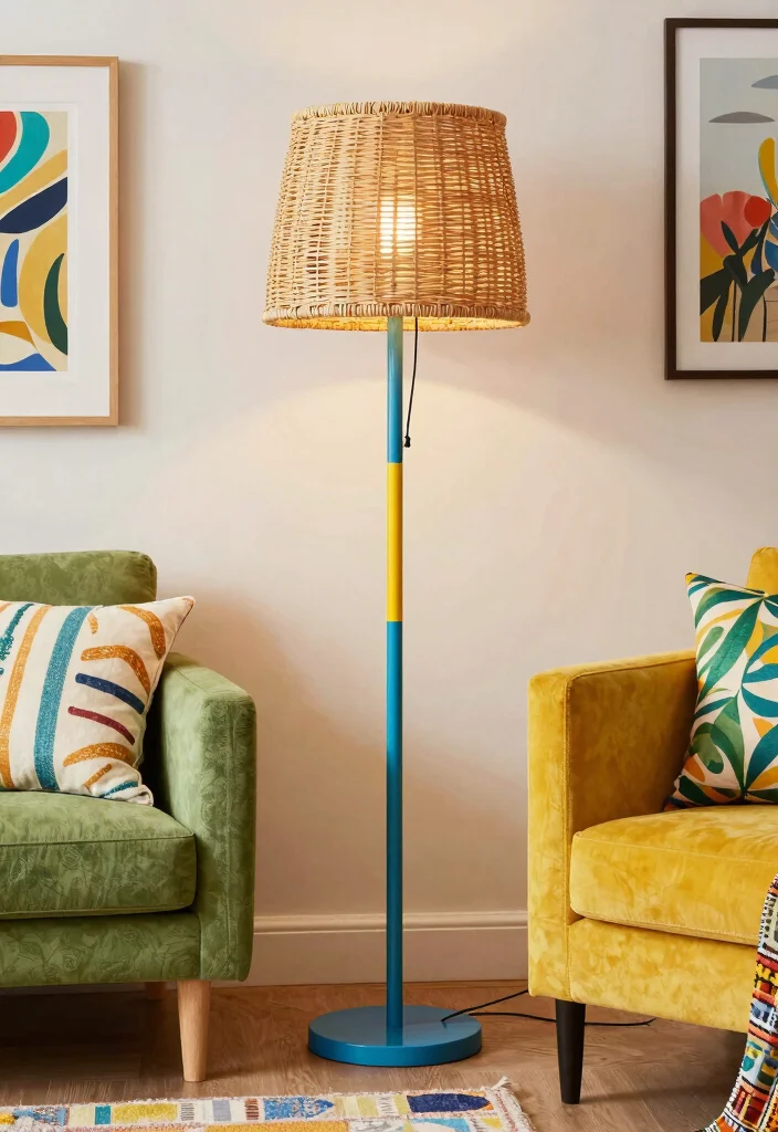 14 Rattan Floor Lamp Ideas That Add Texture Without Clutter - 12. Colorful Contrasts with Rattan Features 1