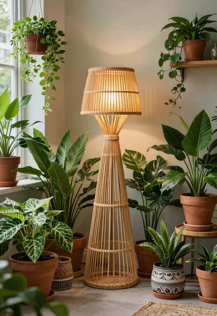 14 Rattan Floor Lamp Ideas That Add Texture Without Clutter - 6. Urban Jungle with Botanical Themes 1