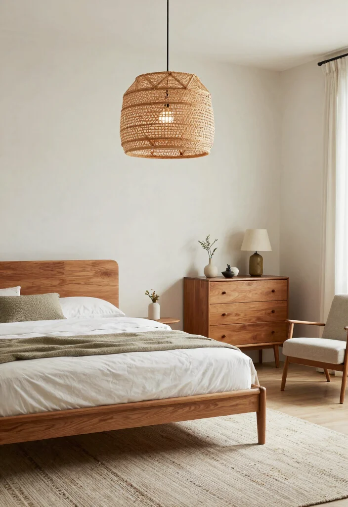 14 Rattan Pendant Light Bedroom Ideas That Soften Harsh Overhead Light - 1. Mid-Century Modern Charm 1