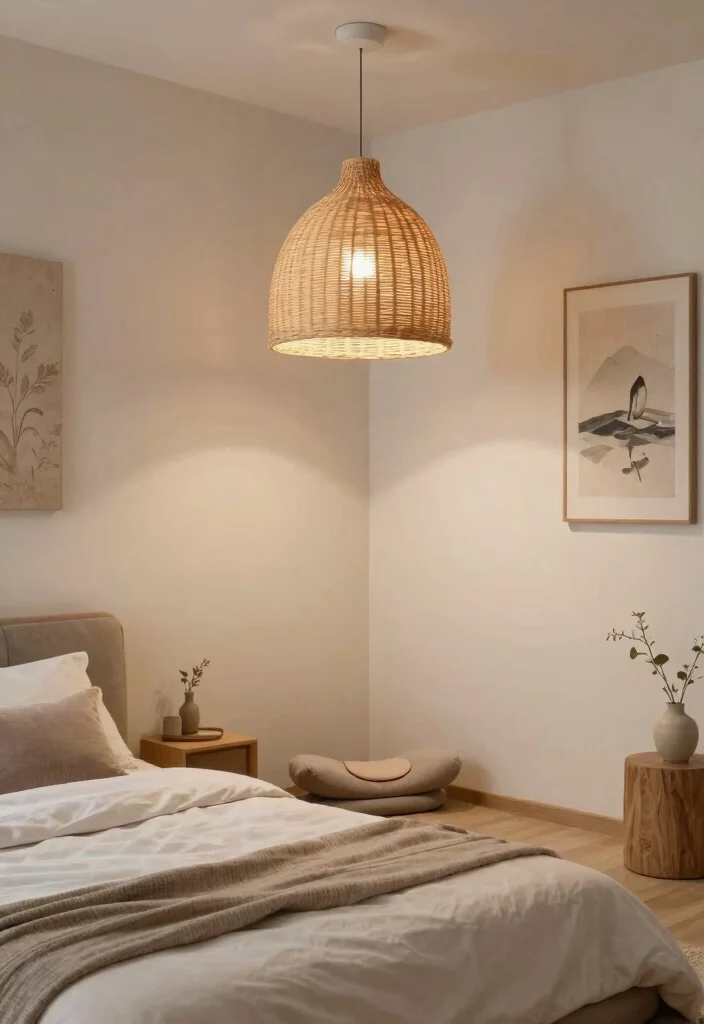 14 Rattan Pendant Light Bedroom Ideas That Soften Harsh Overhead Light - 11. Zen-inspired Sanctuary 1