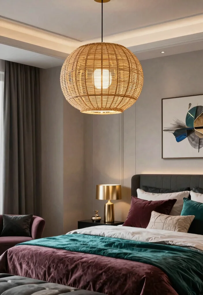 14 Rattan Pendant Light Bedroom Ideas That Soften Harsh Overhead Light - 12. Luxe and Elegant 1