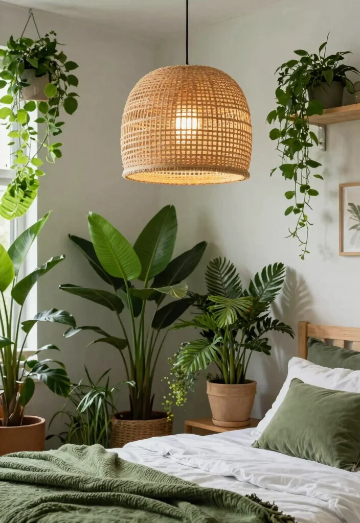 14 Rattan Pendant Light Bedroom Ideas That Soften Harsh Overhead Light - 13. Urban Jungle 1