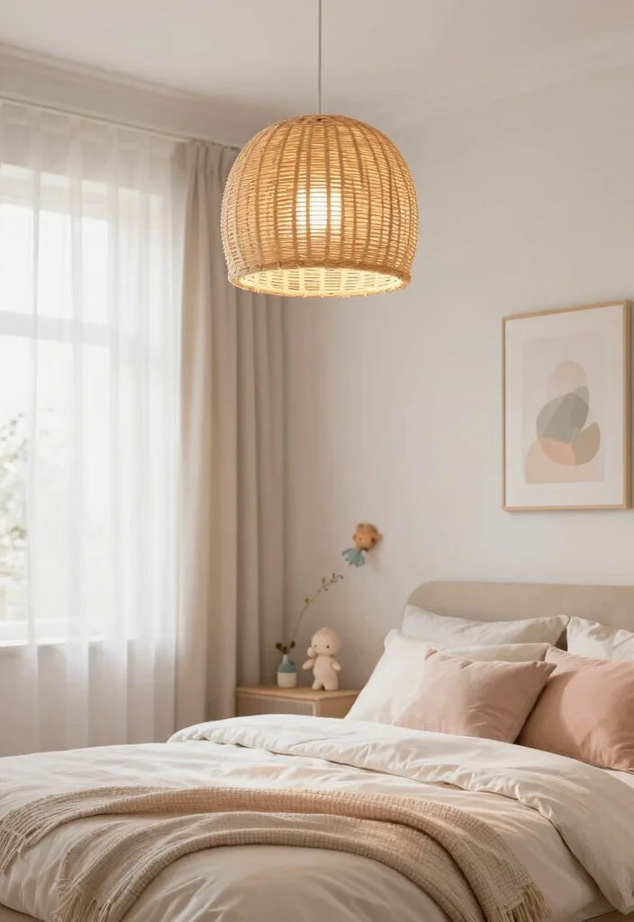 14 Rattan Pendant Light Bedroom Ideas That Soften Harsh Overhead Light - 14. Soft and Dreamy 1