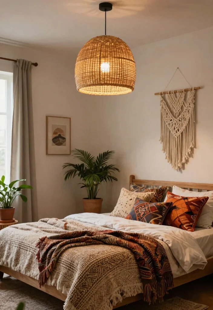 14 Rattan Pendant Light Bedroom Ideas That Soften Harsh Overhead Light - 2. Cozy Bohemian Escape 1