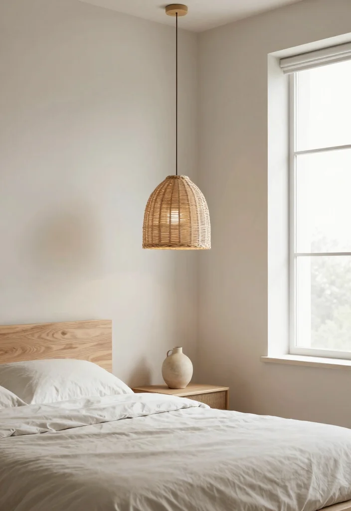 14 Rattan Pendant Light Bedroom Ideas That Soften Harsh Overhead Light - 3. Natural Minimalist Vibes 1