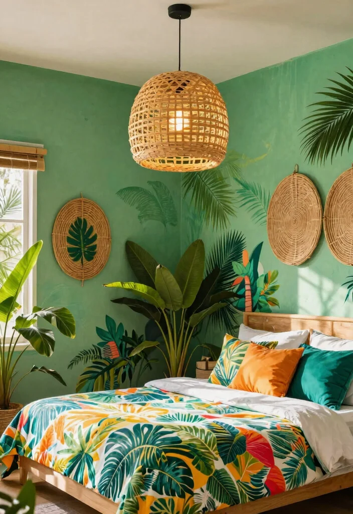 14 Rattan Pendant Light Bedroom Ideas That Soften Harsh Overhead Light - 5. Tropical Paradise 1