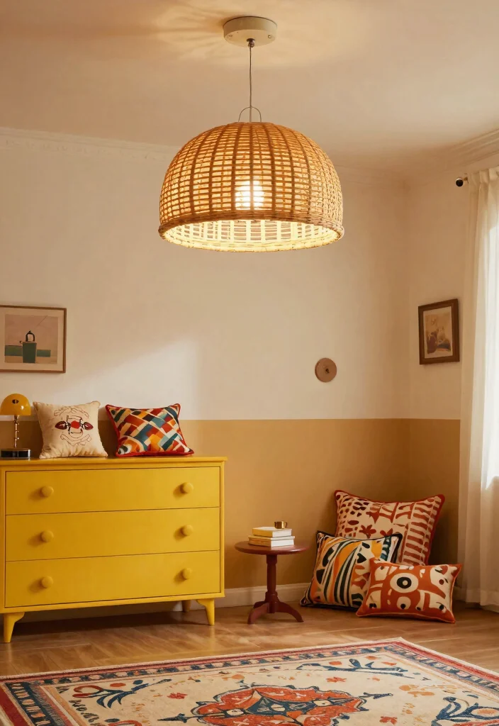 14 Rattan Pendant Light Bedroom Ideas That Soften Harsh Overhead Light - 6. Retro Vintage Style 1