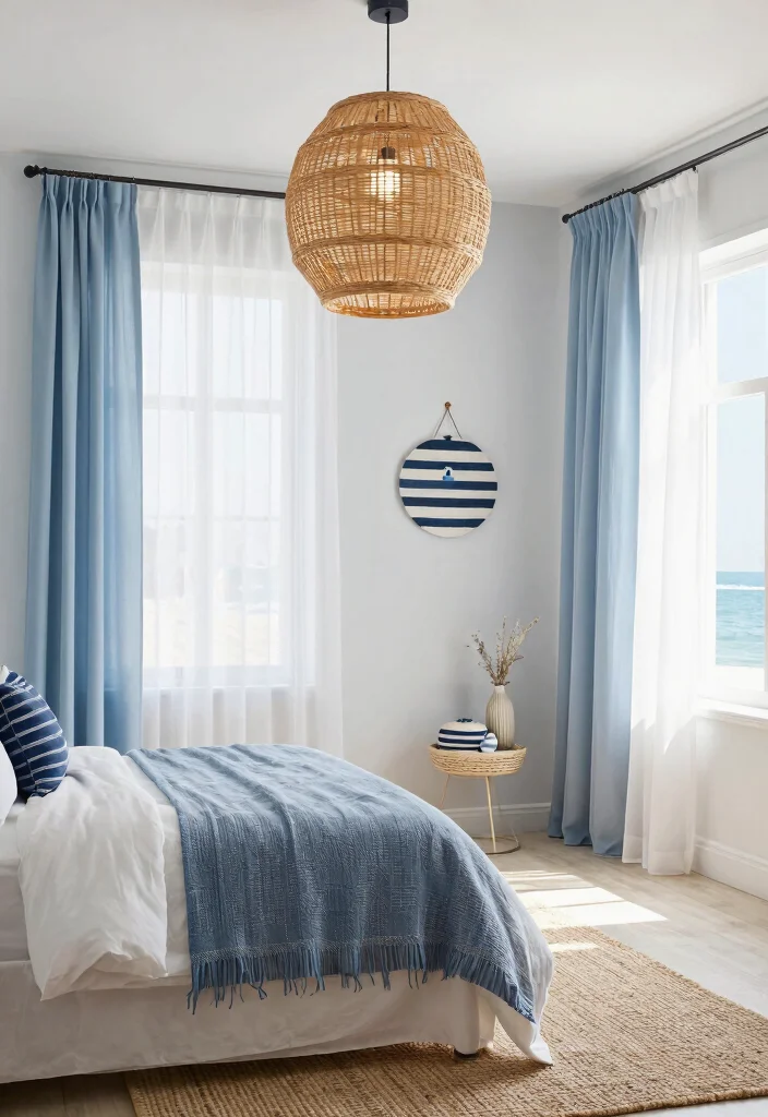 14 Rattan Pendant Light Bedroom Ideas That Soften Harsh Overhead Light - 7. Elegant Coastal Retreat 1