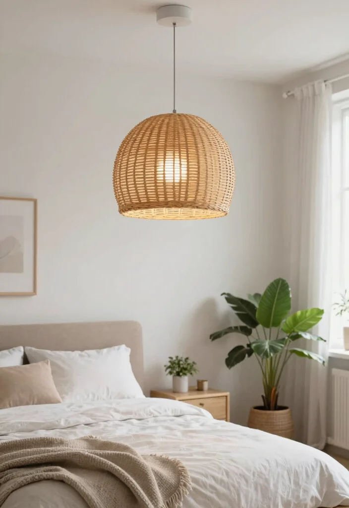 14 Rattan Pendant Light Bedroom Ideas That Soften Harsh Overhead Light - 8. Chic Scandinavian Design 1