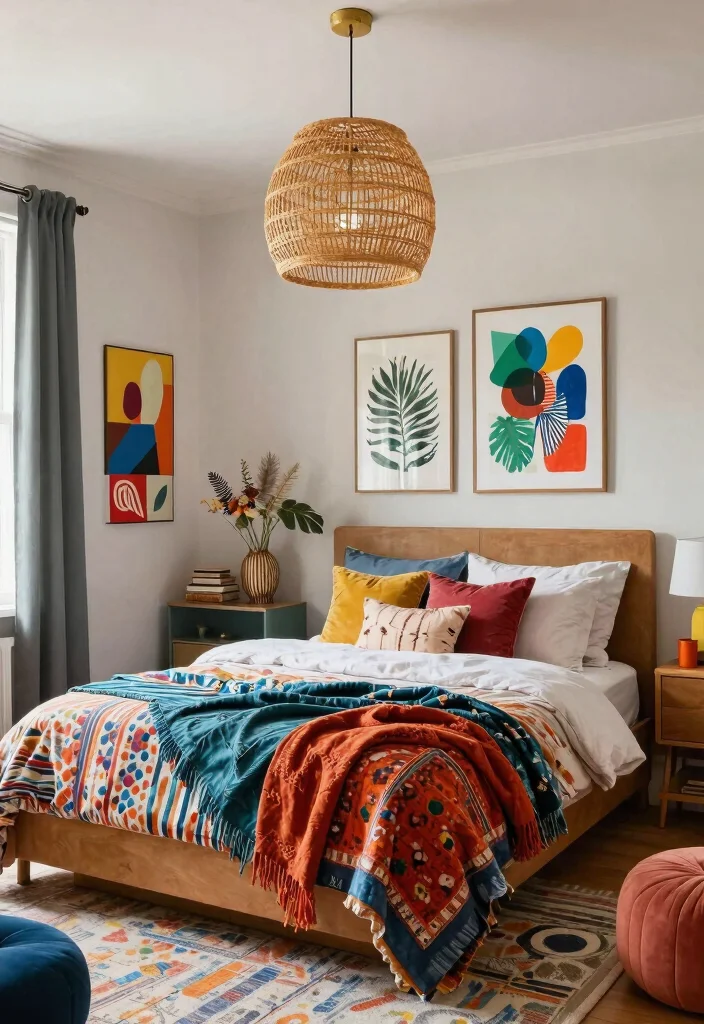 14 Rattan Pendant Light Bedroom Ideas That Soften Harsh Overhead Light - 9. Eclectic Mix and Match 1
