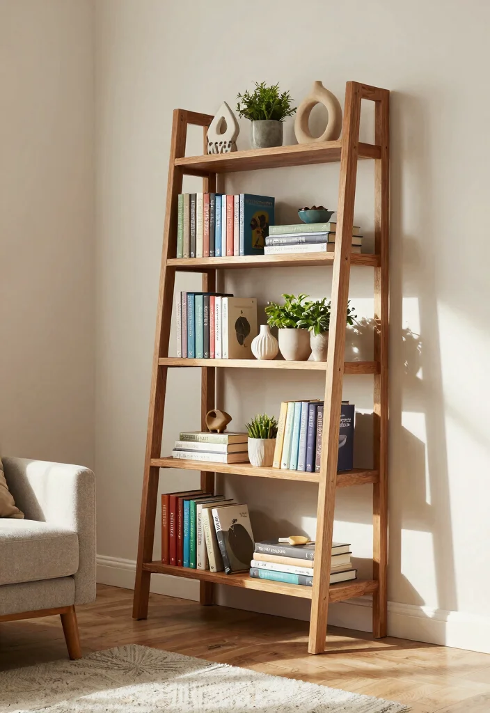 14 Small Bookshelf Ideas for Apartments With No Wall Space - 1. Ladder Shelving Units 1