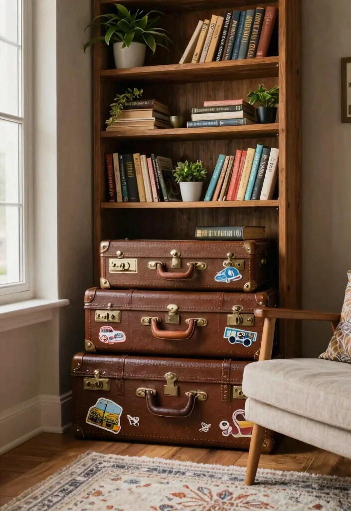 14 Small Bookshelf Ideas for Apartments With No Wall Space - 12. Vintage Suitcase Shelves 1