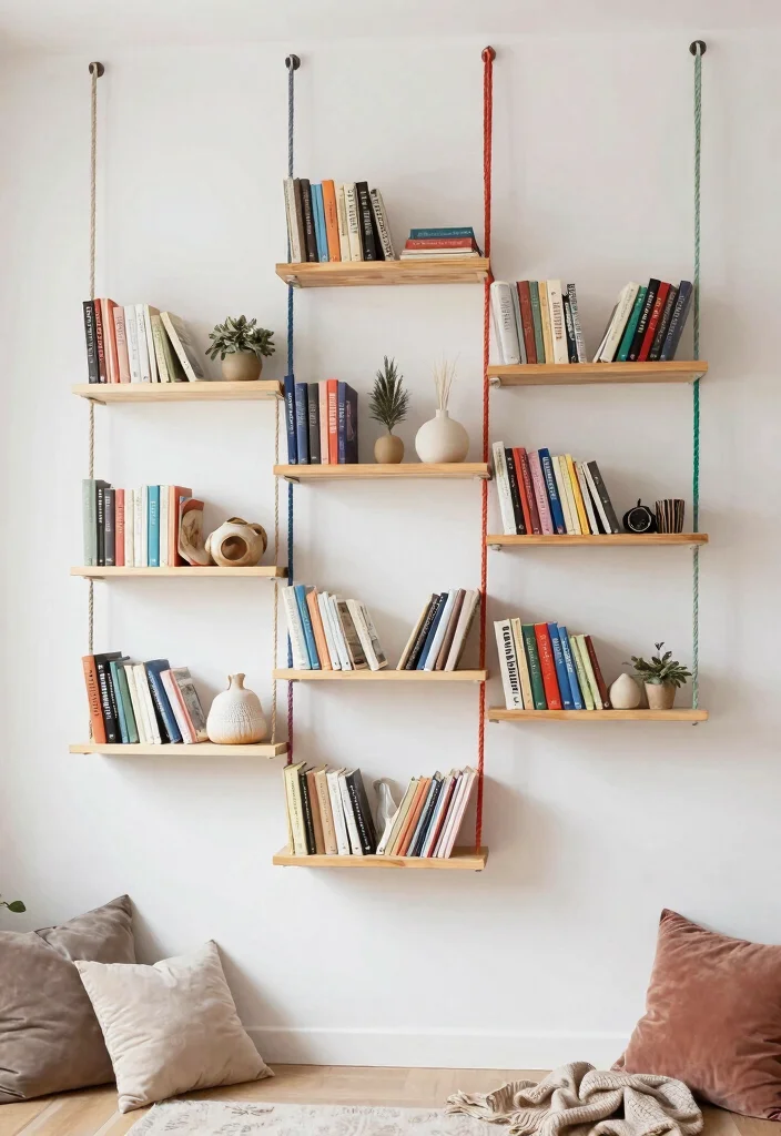 14 Small Bookshelf Ideas for Apartments With No Wall Space - 8. Hanging Bookshelves 1