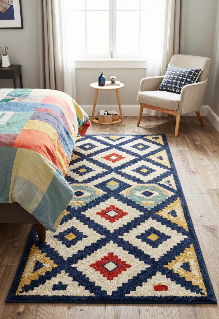15 Carpet Ideas for Bedrooms That Stay Clean Under the Bed - 9. Patterned Carpets 1