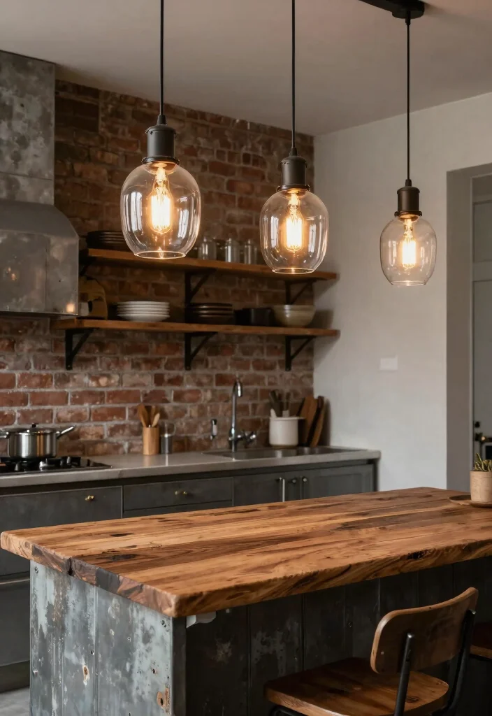 15 Glass Pendant Lamp Ideas That Brighten Dark Kitchens - 10. Industrial Chic 1