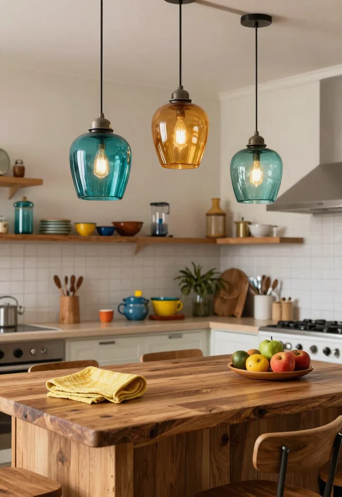 15 Glass Pendant Lamp Ideas That Brighten Dark Kitchens - 3. Color Pop Pendant 1