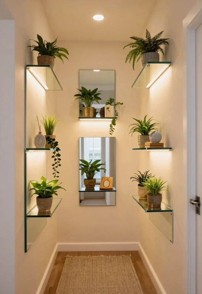 15 Mirror Wall Decor Ideas That Make Narrow Hallways Feel Wider - 12. Floating Mirror Shelf Displays 1