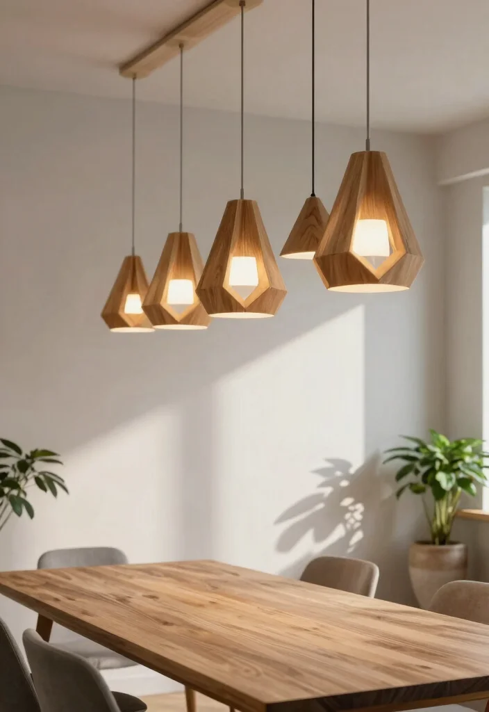 15 Pendant Lamp Shade Ideas That Diffuse Harsh Bulb Light - 4. Geometric Wood Shades 1