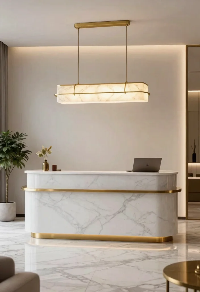 15 Reception Pendant Light Ideas That Make a First Impression - 2. Brass and Marble Accents 1
