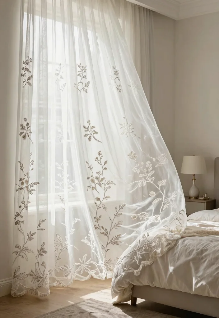 15 Sheer Curtains Bedroom Ideas That Block Just Enough Light - 14. Sheer Curtains with Embroidery 1