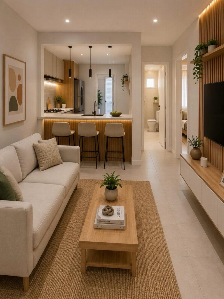 Modern open-concept apartment living room and kitchen with neutral tones and wooden furniture