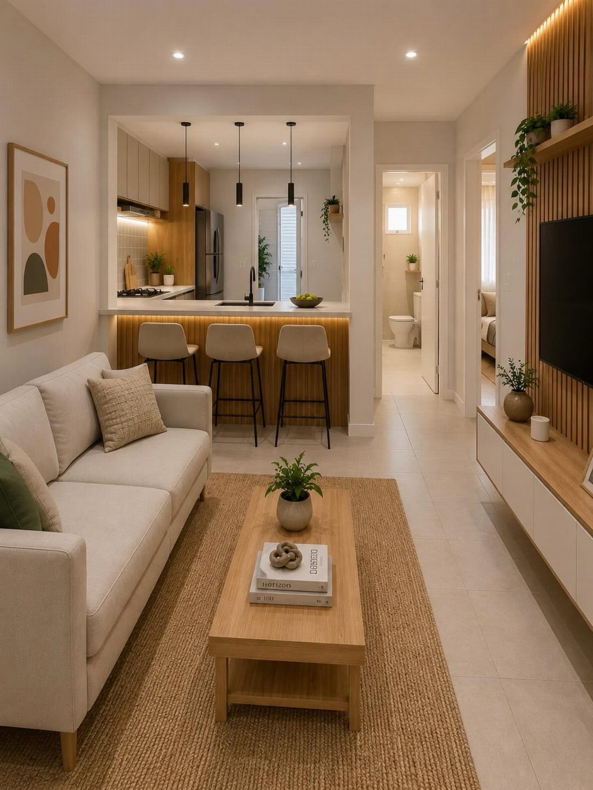 Modern open-concept apartment living room and kitchen with neutral tones and wooden furniture