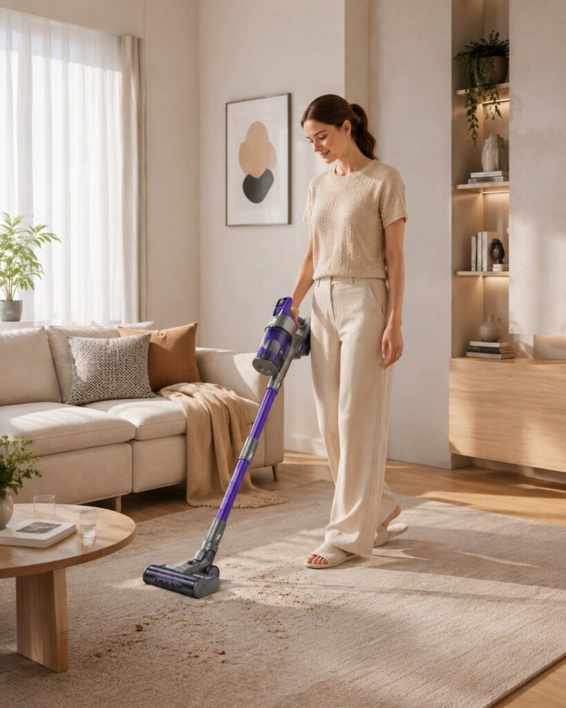 Woman vacuuming a light-colored rug in a bright, modern living room.