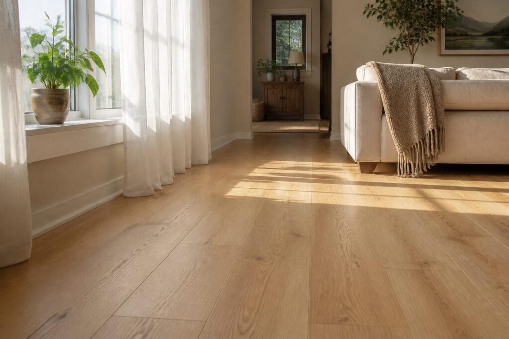 Two flooring planks labeled COREtec Blonde Oak and Cairo Oak.