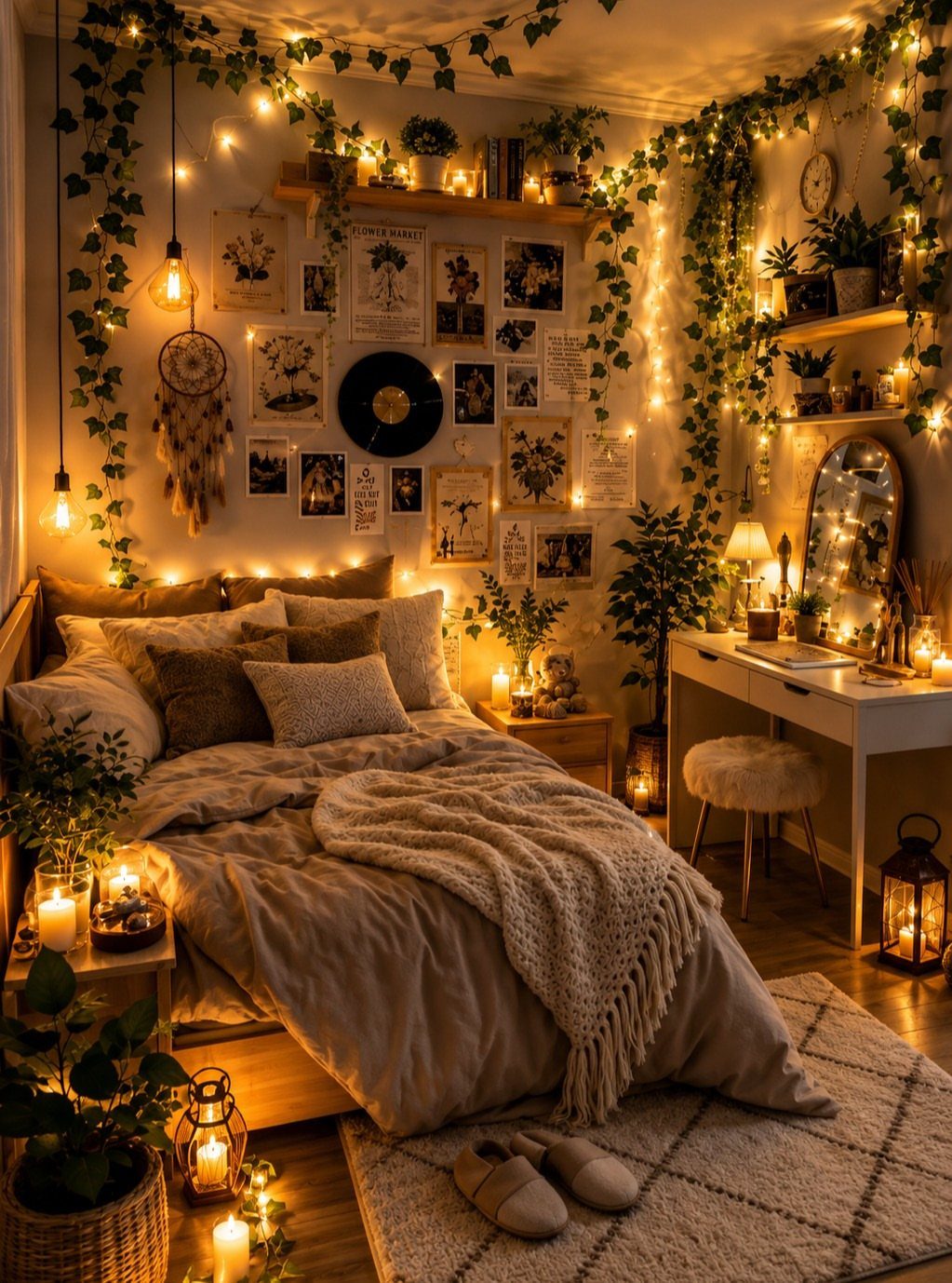 Cozy bedroom with warm fairy lights, beige bedding, and a wall of framed art.