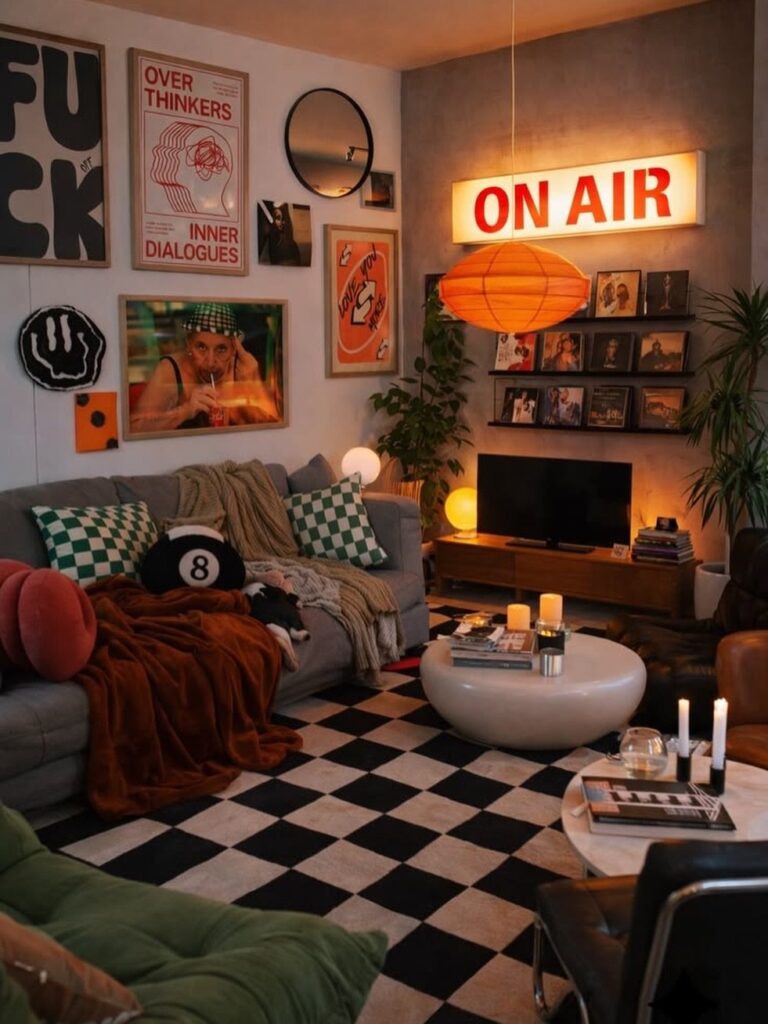 Living room with a grey sofa, checkered rug, and a glowing ON AIR sign on the wall.