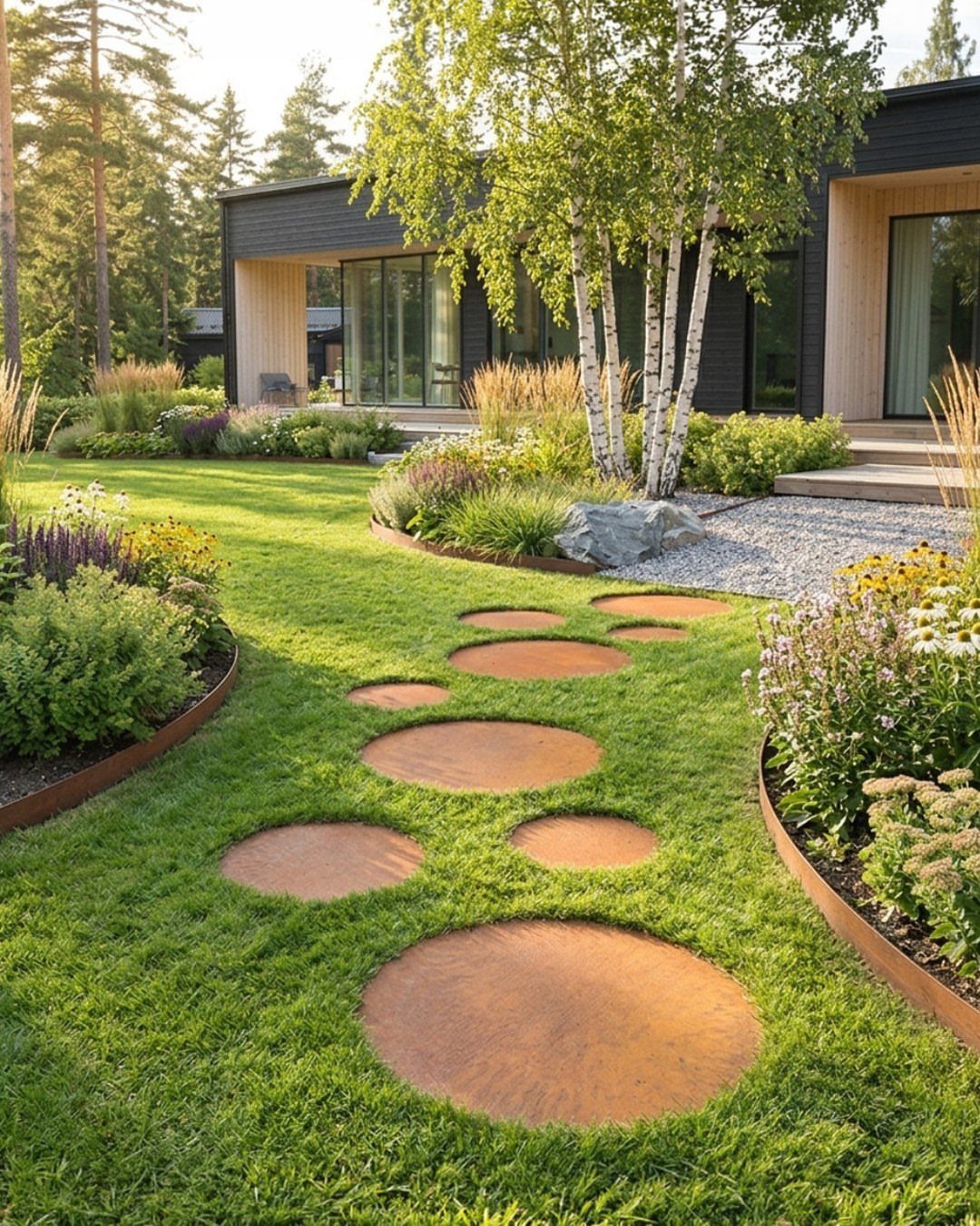 Circular rust-colored stepping stones set in a green lawn leading to a modern house.