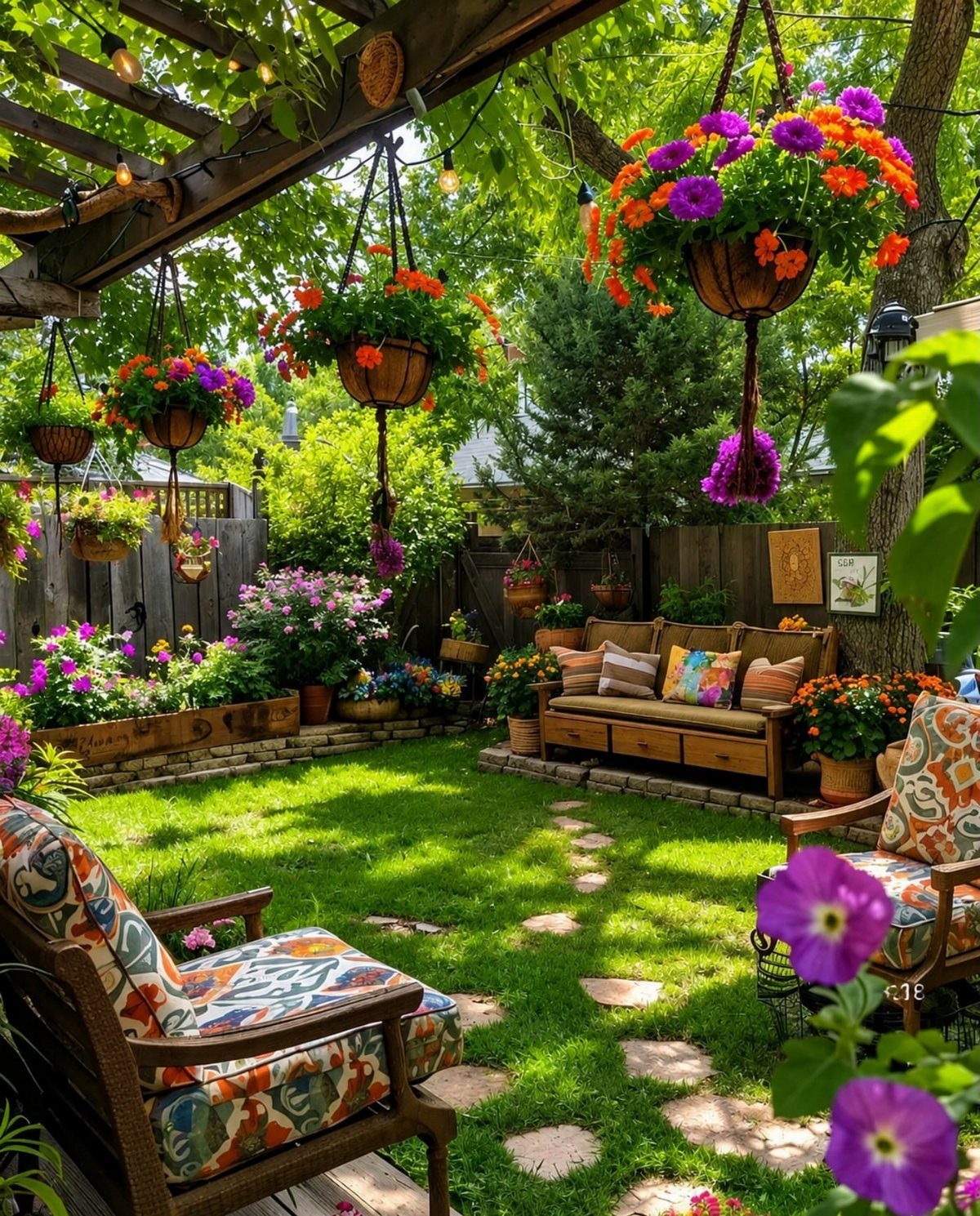 Lush small backyard garden with colorful hanging flower baskets and cozy outdoor seating.