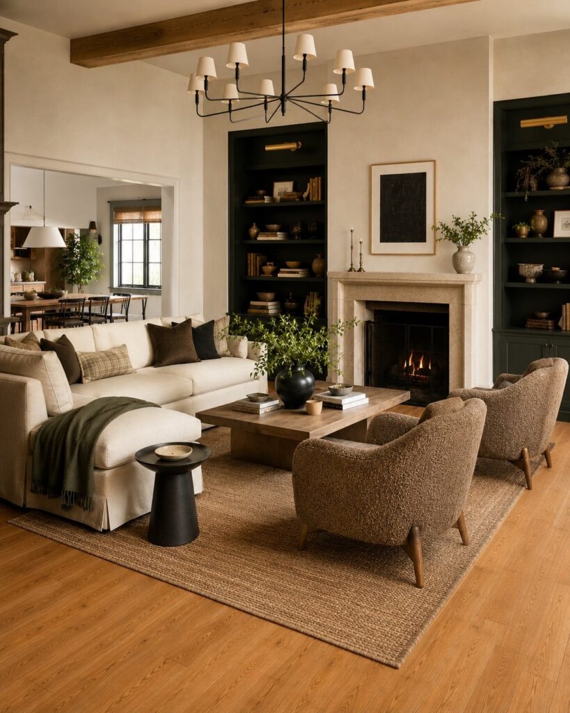 A modern living room with white furniture, a fireplace, and honey oak wood floors.