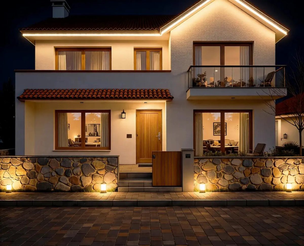 Modern white house at night with warm exterior lighting and illuminated stone wall.