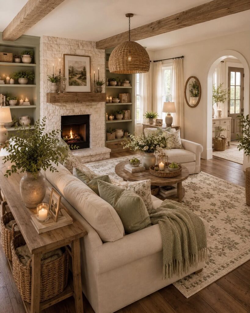 Cream-colored living room with a white brick fireplace, wooden beams, and rustic farmhouse decor.
