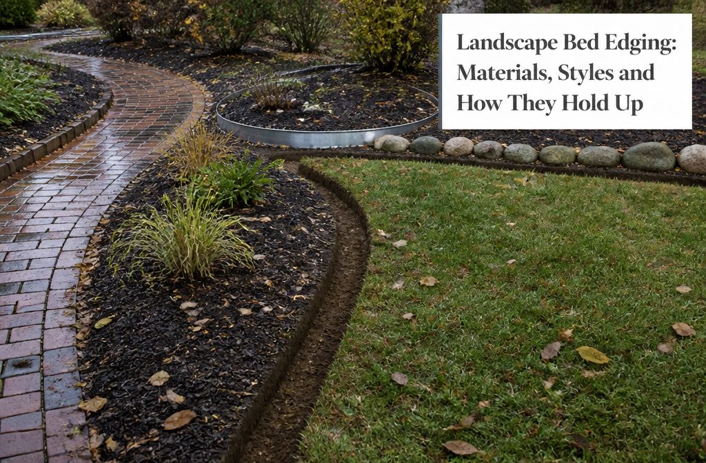 Garden bed edged with a low border beside a strip of green lawn