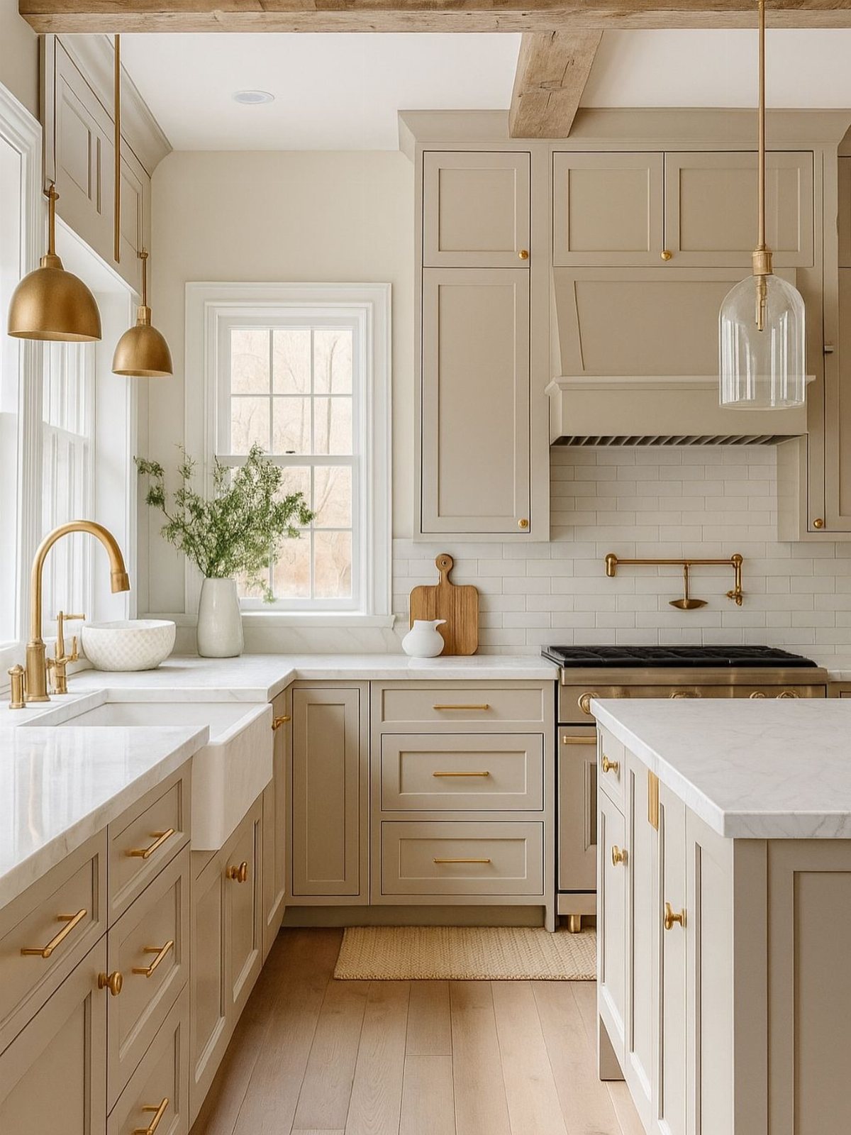 Light wood floors in a bright kitchen with beige cabinets and gold accents.