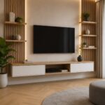 Vertical wooden slat panelling flanking a television mounted on a beige wall in a modern living room.