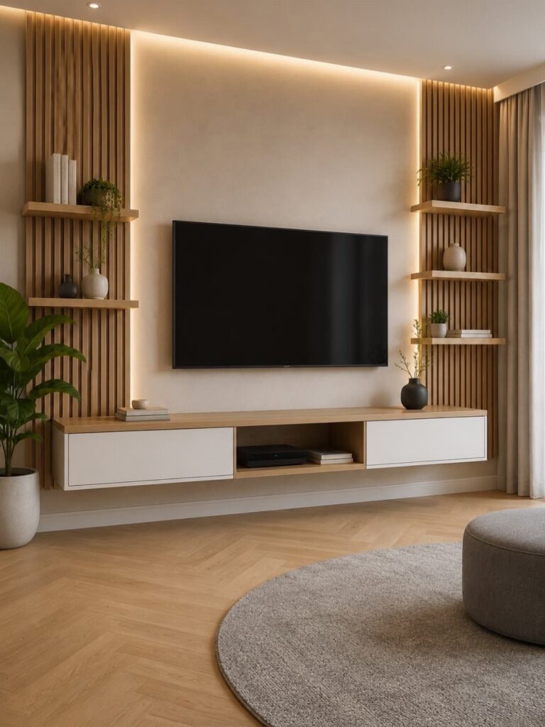 Vertical wooden slat panelling flanking a television mounted on a beige wall in a modern living room.