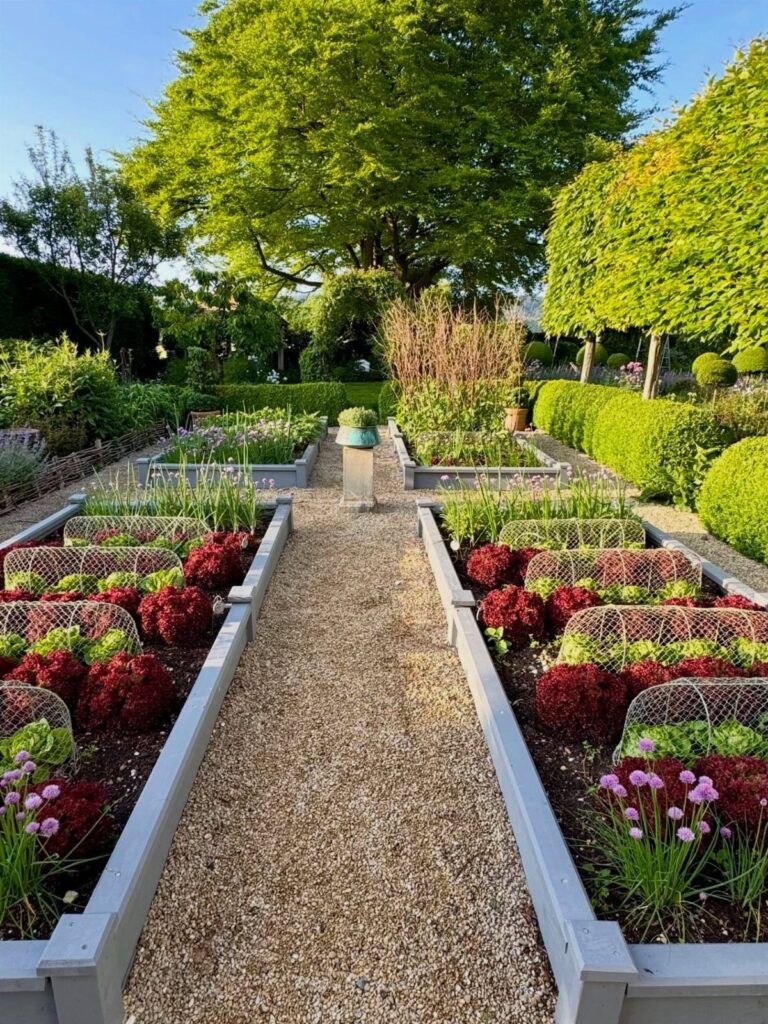 Grey painted wooden raised garden beds filled with red lettuce and purple flowers.