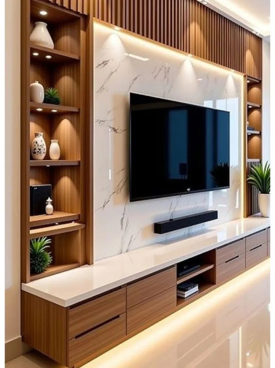Modern wooden TV wall cabinet with marble panel, integrated shelving, and a long floating console.