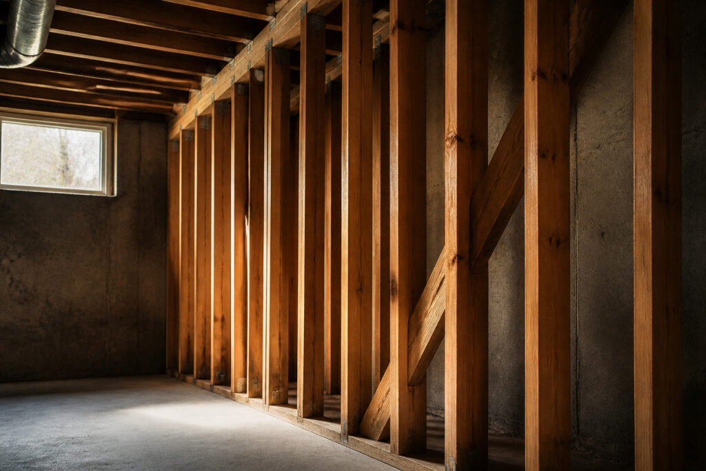 Wood framing wall demonstrates construction progress with visible materials and structure.